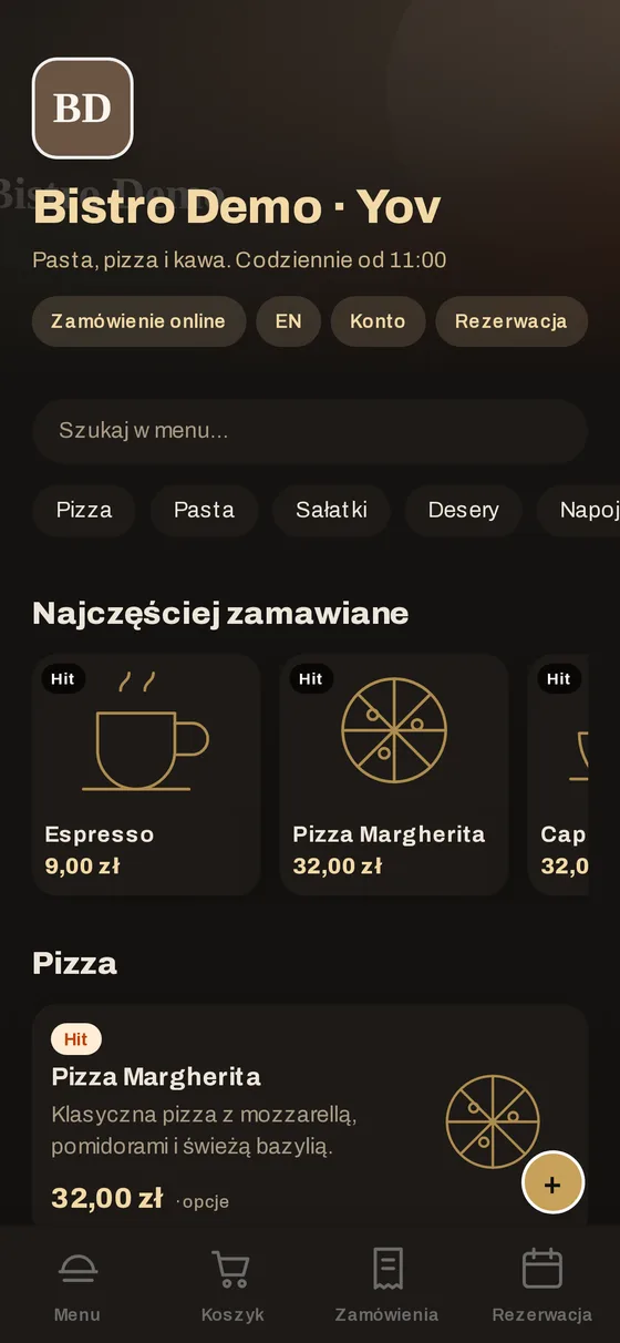 Menu restauracji otwarte w telefonie gościa: wyszukiwarka, kategorie, dania z cenami i pasek z koszykiem na dole
